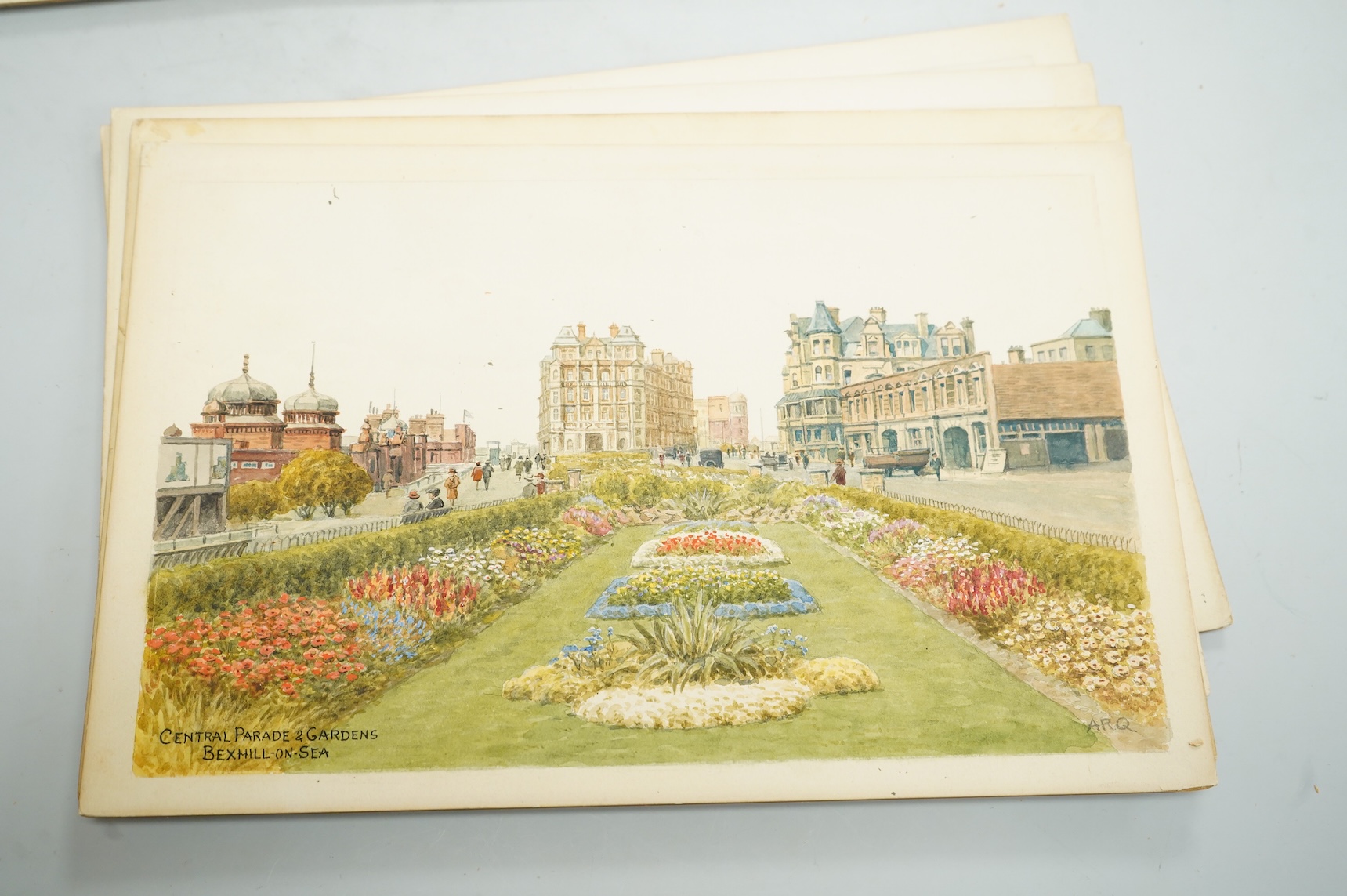 Alfred Robert Quinton (1853-1934), Set of six original watercolours for postcard designs, Sussex coastal towns, to include Warrior Square Gardens, St. Leonards, The Cuckmere Valley, Seaford, Grand Parade and Wish Tower,